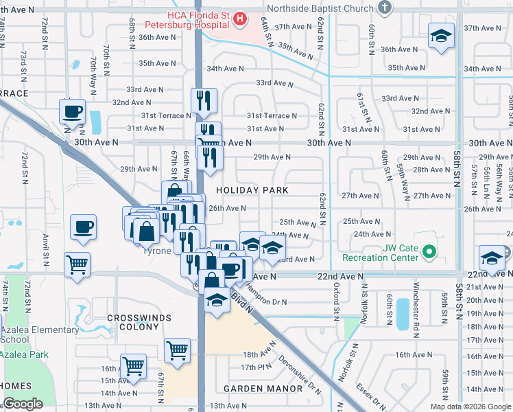 map of restaurants, bars, coffee shops, grocery stores, and more near 2500 64th Way North in St. Petersburg