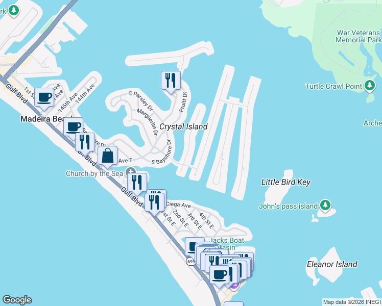 map of restaurants, bars, coffee shops, grocery stores, and more near 504 Crystal Drive in Madeira Beach
