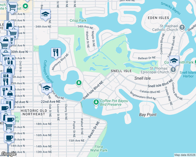 map of restaurants, bars, coffee shops, grocery stores, and more near 245 Mateo Way Northeast in St. Petersburg