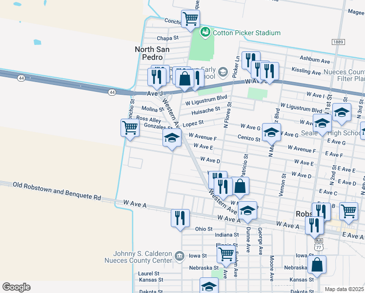 map of restaurants, bars, coffee shops, grocery stores, and more near 709 West Avenue D in Robstown