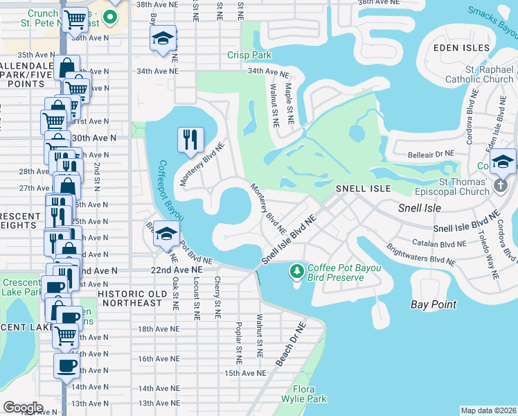 map of restaurants, bars, coffee shops, grocery stores, and more near 526 Monterey Boulevard Northeast in Saint Petersburg