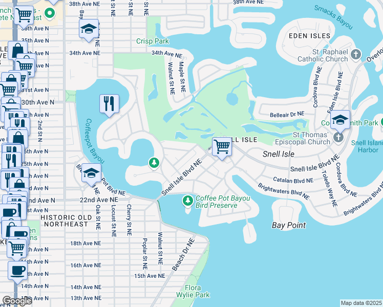 map of restaurants, bars, coffee shops, grocery stores, and more near 245 Mateo Way Northeast in St. Petersburg