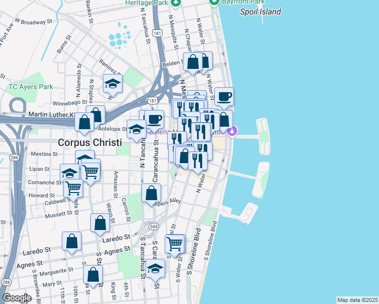 map of restaurants, bars, coffee shops, grocery stores, and more near 314 North Mesquite Street in Corpus Christi