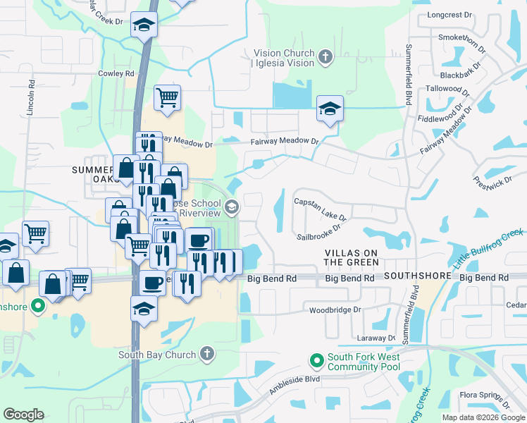 map of restaurants, bars, coffee shops, grocery stores, and more near 13002 Fennway Ridge Drive in Riverview