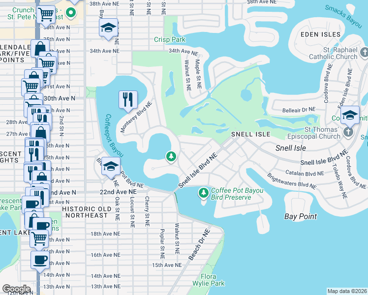 map of restaurants, bars, coffee shops, grocery stores, and more near 525 Monterey Boulevard Northeast in St. Petersburg
