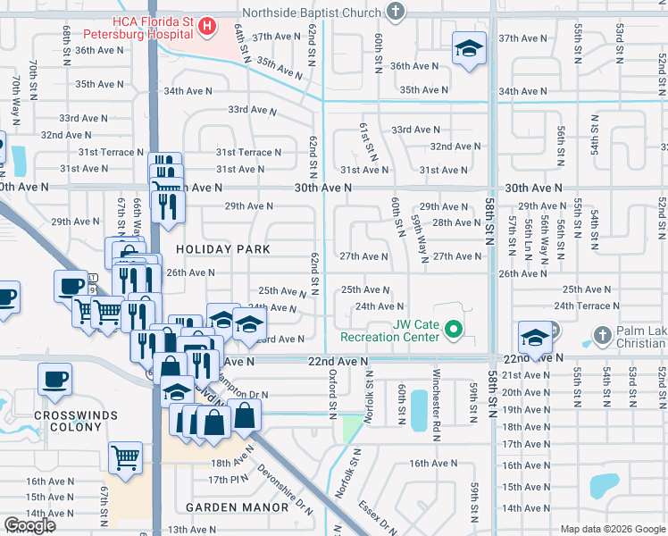 map of restaurants, bars, coffee shops, grocery stores, and more near 2561 62nd Street North in St. Petersburg