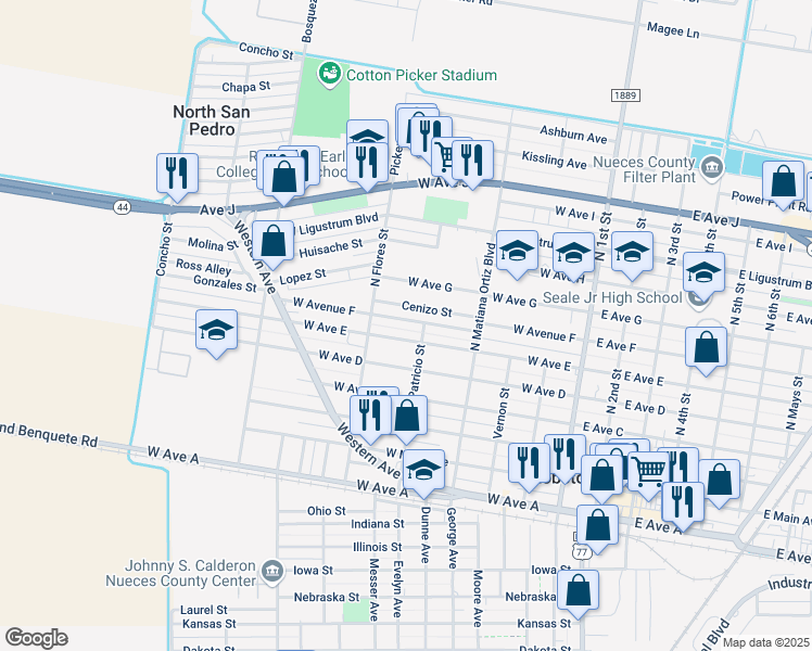 map of restaurants, bars, coffee shops, grocery stores, and more near 512 West Avenue East in Robstown