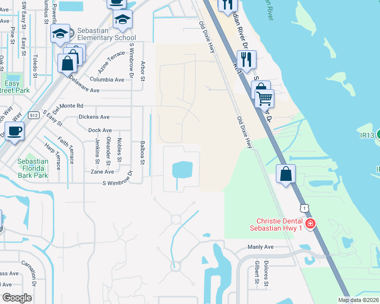 map of restaurants, bars, coffee shops, grocery stores, and more near 717 North Fischer Circle in Sebastian