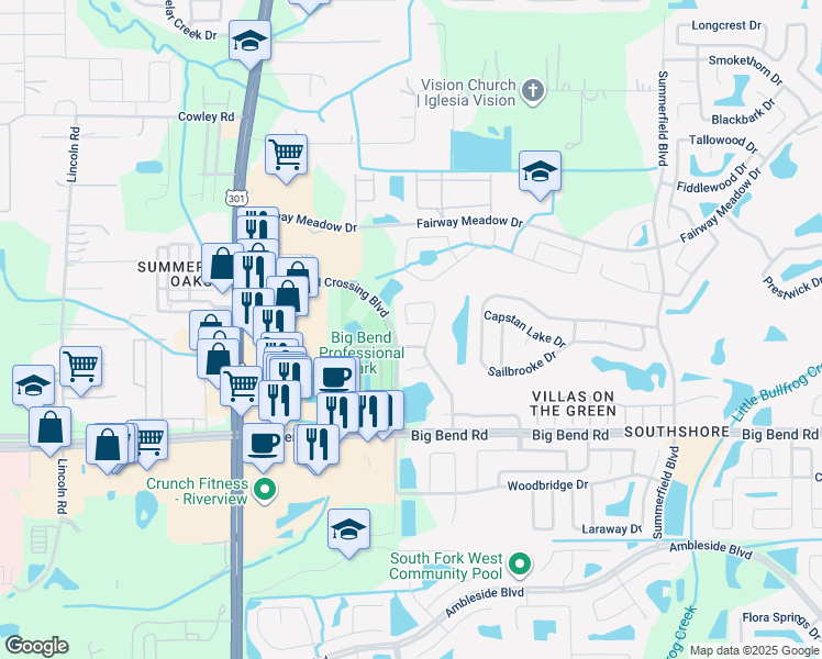 map of restaurants, bars, coffee shops, grocery stores, and more near 12914 Fennway Ridge Drive in Riverview