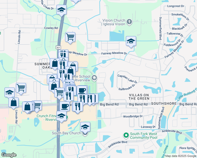 map of restaurants, bars, coffee shops, grocery stores, and more near 12918 Fennway Ridge Drive in Riverview