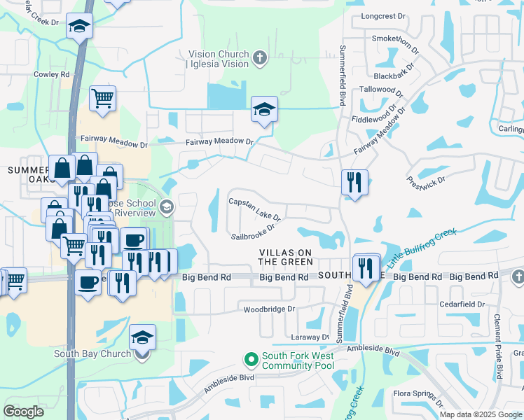map of restaurants, bars, coffee shops, grocery stores, and more near 10902 Capstan Lake Drive in Riverview