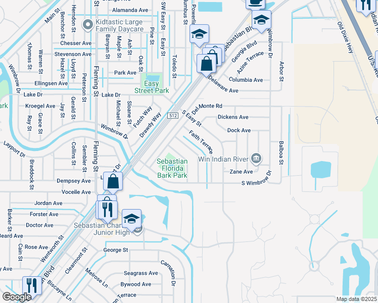 map of restaurants, bars, coffee shops, grocery stores, and more near 285 Harp Terrace in Sebastian
