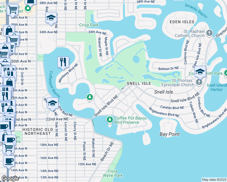 map of restaurants, bars, coffee shops, grocery stores, and more near 301 Snell Isle Boulevard Northeast in St. Petersburg