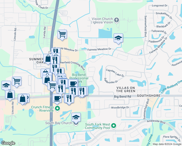 map of restaurants, bars, coffee shops, grocery stores, and more near 12910 Fennway Ridge Drive in Riverview