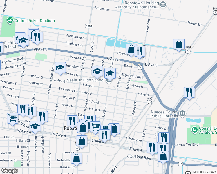 map of restaurants, bars, coffee shops, grocery stores, and more near 401 East Avenue G in Robstown