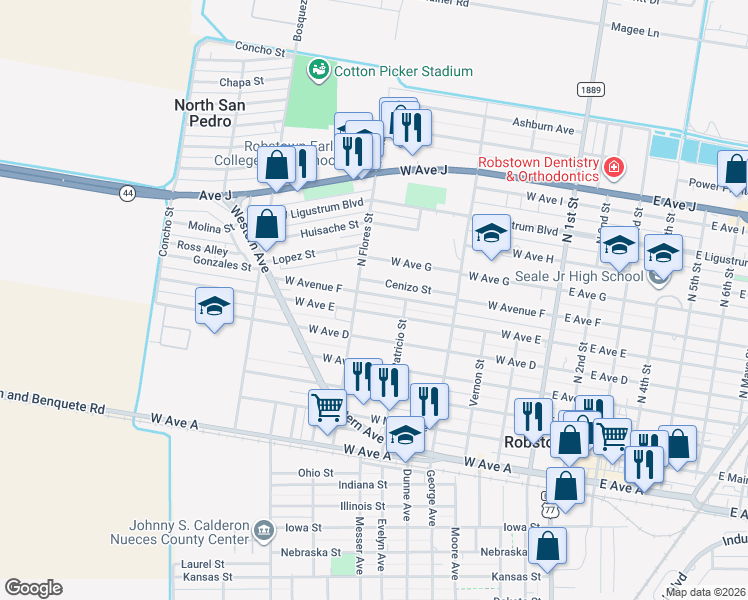 map of restaurants, bars, coffee shops, grocery stores, and more near 512 West Avenue East in Robstown
