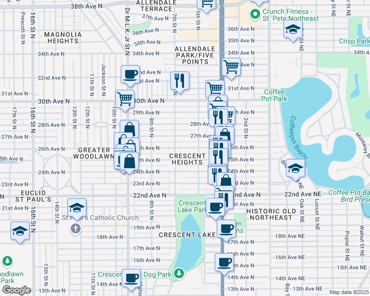 map of restaurants, bars, coffee shops, grocery stores, and more near 606 26th Avenue North in St. Petersburg