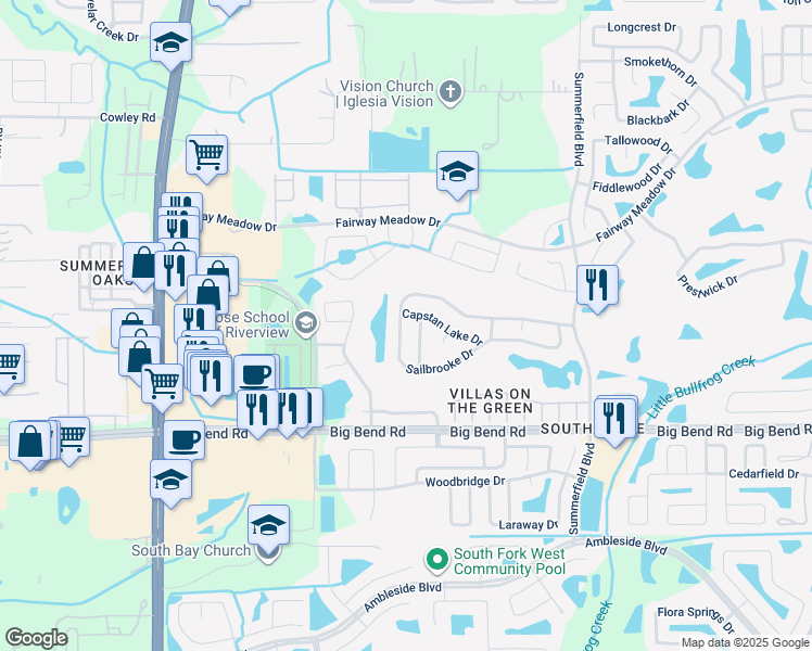 map of restaurants, bars, coffee shops, grocery stores, and more near 11025 Sailbrooke Drive in Riverview