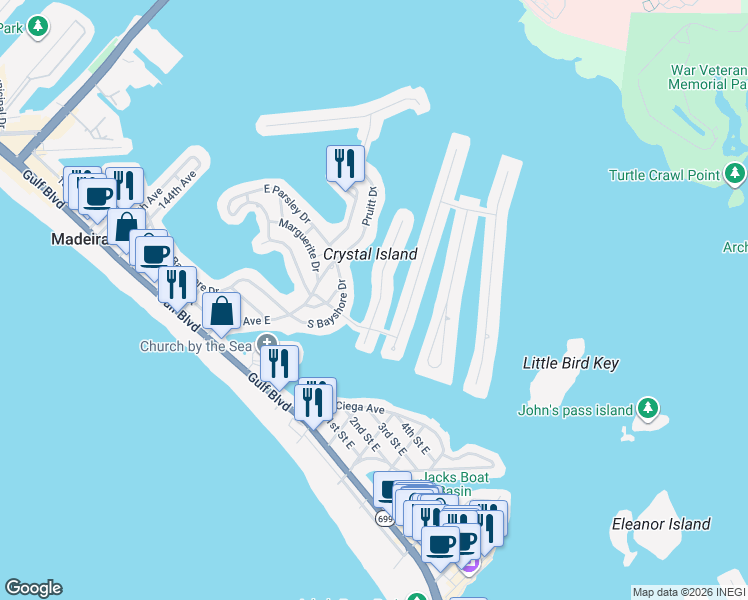 map of restaurants, bars, coffee shops, grocery stores, and more near 519 South Bayshore Drive in Madeira Beach