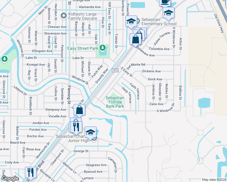 map of restaurants, bars, coffee shops, grocery stores, and more near 385 Harp Terrace in Sebastian