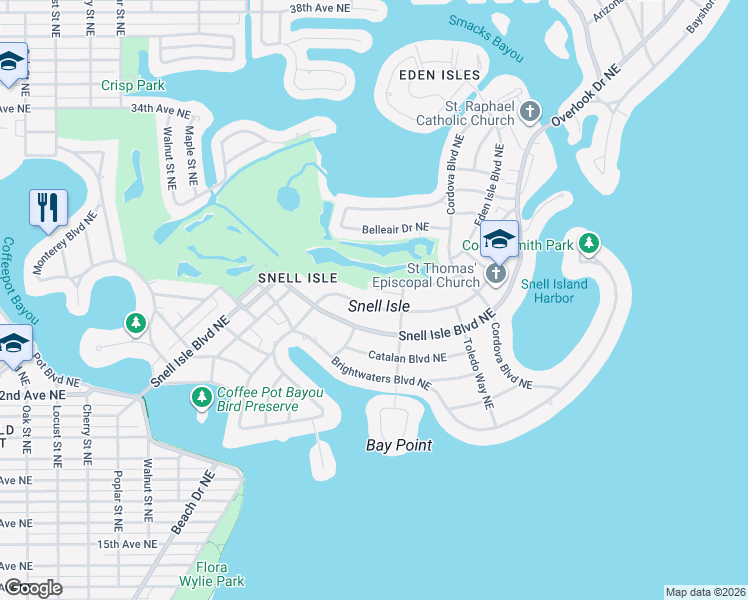map of restaurants, bars, coffee shops, grocery stores, and more near 510 Appian Way Northeast in St. Petersburg