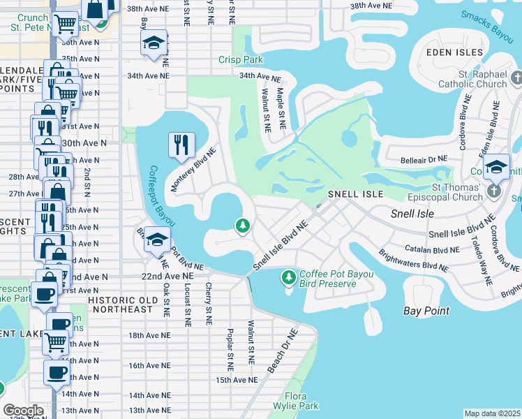 map of restaurants, bars, coffee shops, grocery stores, and more near 601 Monterey Boulevard Northeast in St. Petersburg