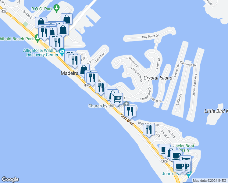 map of restaurants, bars, coffee shops, grocery stores, and more near 14091 North Bayshore Drive in Madeira Beach