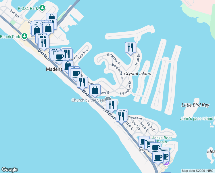 map of restaurants, bars, coffee shops, grocery stores, and more near 14032 North Bayshore Drive in Madeira Beach