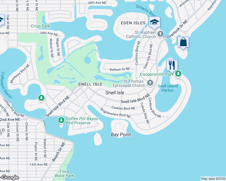 map of restaurants, bars, coffee shops, grocery stores, and more near 510 Appian Way Northeast in St. Petersburg