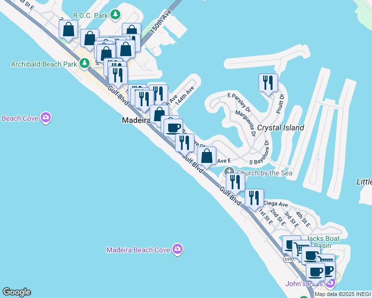 map of restaurants, bars, coffee shops, grocery stores, and more near 14145 Palm Street in Madeira Beach