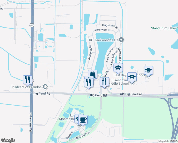 map of restaurants, bars, coffee shops, grocery stores, and more near 13042 Bridleford Drive in Gibsonton