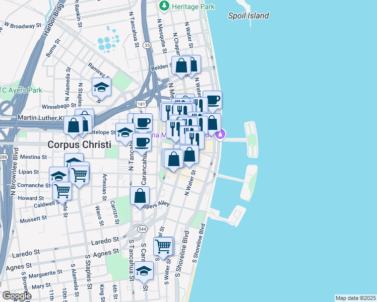 map of restaurants, bars, coffee shops, grocery stores, and more near 510 North Chaparral Street in Corpus Christi