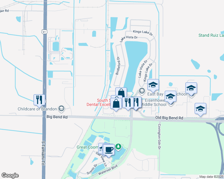 map of restaurants, bars, coffee shops, grocery stores, and more near 13042 Bridleford Drive in Gibsonton