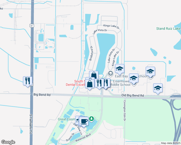 map of restaurants, bars, coffee shops, grocery stores, and more near 12958 Kings Crossing Drive in Gibsonton