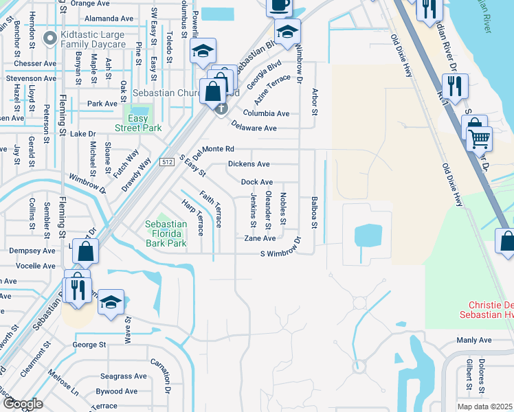 map of restaurants, bars, coffee shops, grocery stores, and more near 642 Jenkins Street in Sebastian