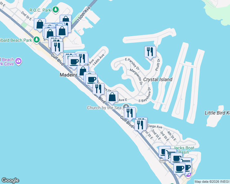 map of restaurants, bars, coffee shops, grocery stores, and more near 14091 North Bayshore Drive in Madeira Beach