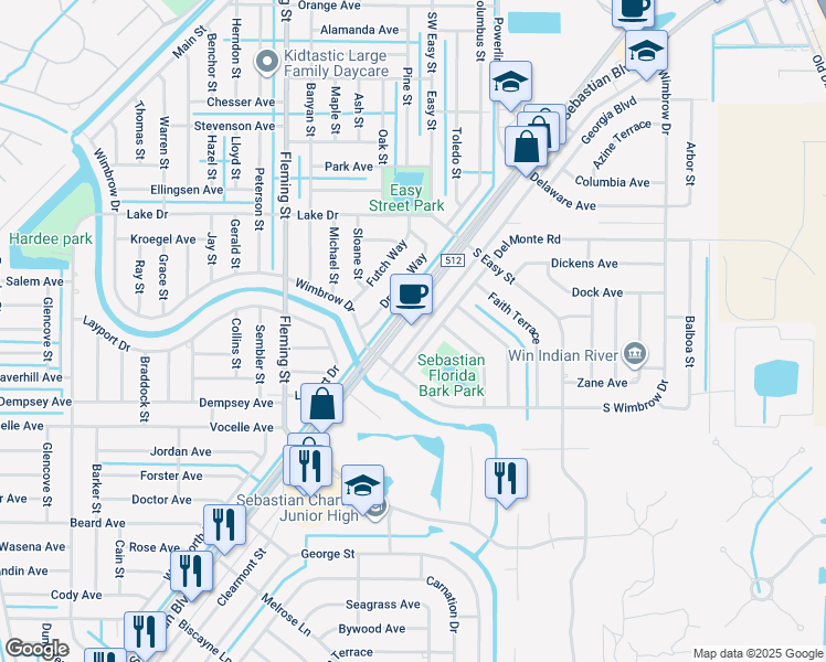 map of restaurants, bars, coffee shops, grocery stores, and more near 661 Sebastian Boulevard in Sebastian