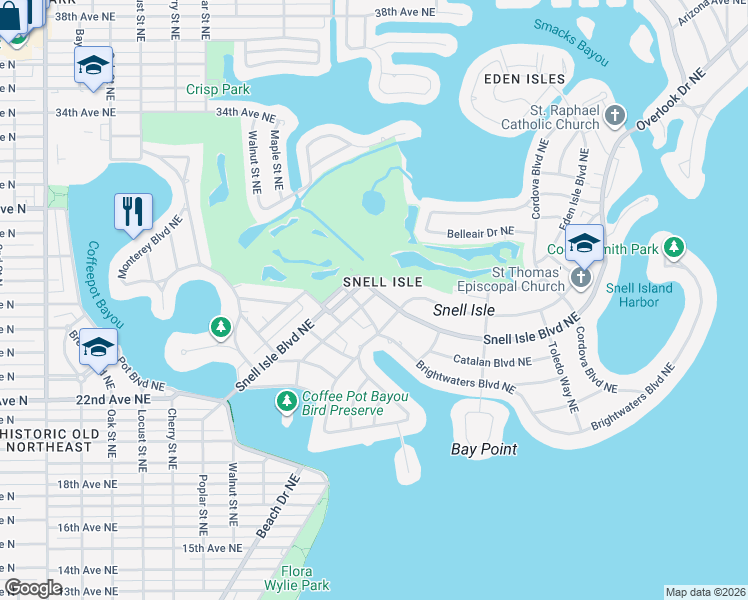 map of restaurants, bars, coffee shops, grocery stores, and more near 600 Snell Isle Boulevard Northeast in St. Petersburg
