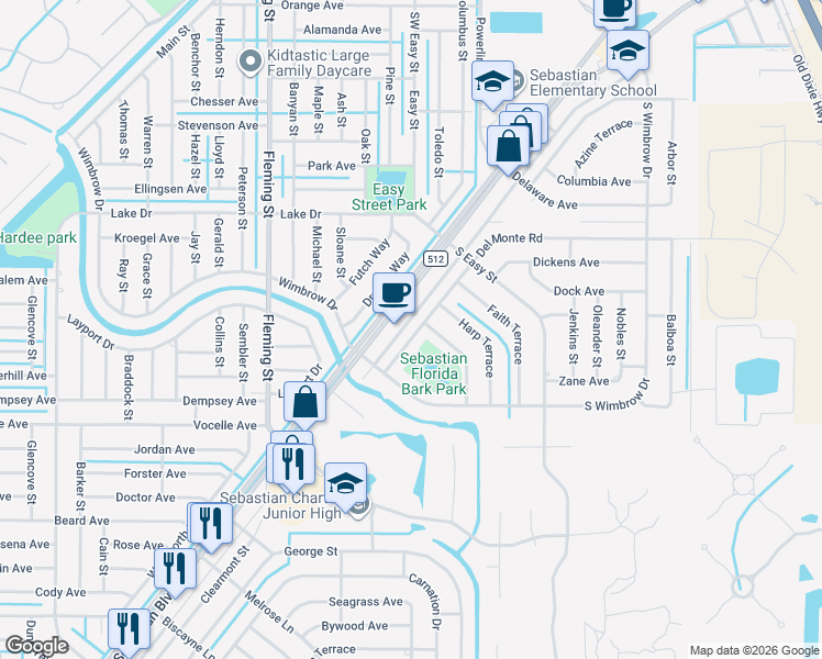 map of restaurants, bars, coffee shops, grocery stores, and more near 649 Sebastian Boulevard in Sebastian