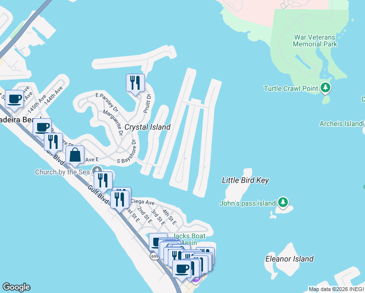 map of restaurants, bars, coffee shops, grocery stores, and more near 538 Lillian Dr in Madeira Beach