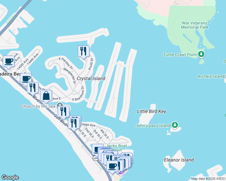 map of restaurants, bars, coffee shops, grocery stores, and more near 538 Lillian Drive in Madeira Beach