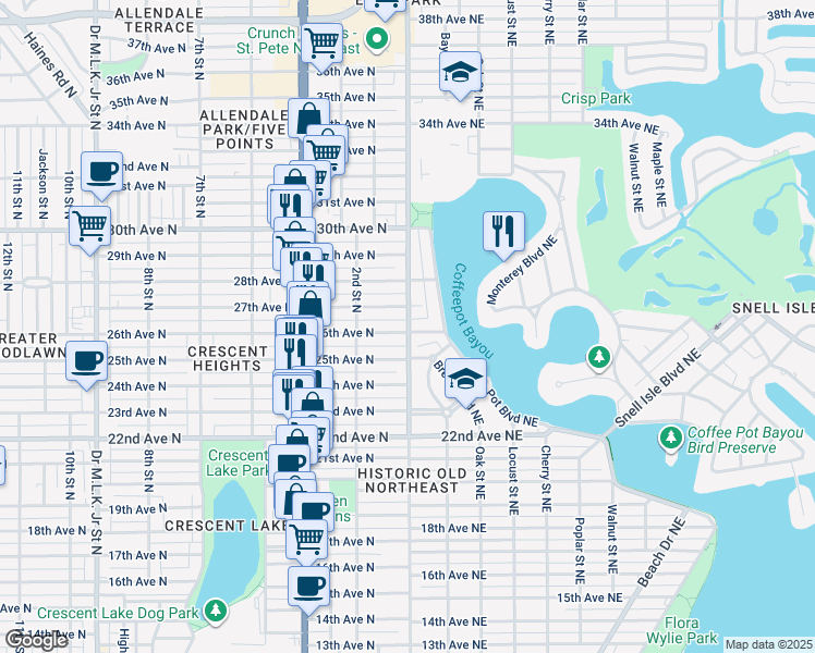map of restaurants, bars, coffee shops, grocery stores, and more near 120 27th Avenue North in St. Petersburg