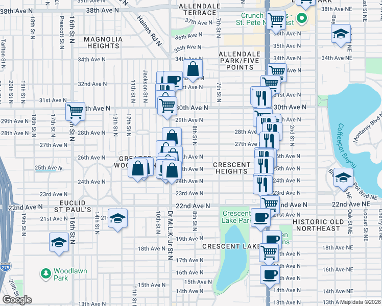 map of restaurants, bars, coffee shops, grocery stores, and more near 836 27th Avenue North in St. Petersburg