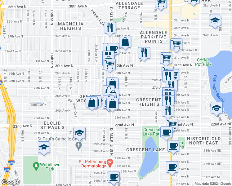 map of restaurants, bars, coffee shops, grocery stores, and more near 836 27th Avenue North in St. Petersburg