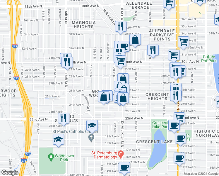 map of restaurants, bars, coffee shops, grocery stores, and more near 2629 11th Street North in St. Petersburg