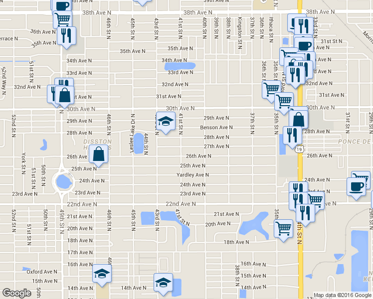 map of restaurants, bars, coffee shops, grocery stores, and more near 4043 27th Avenue North in St. Petersburg
