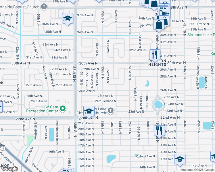map of restaurants, bars, coffee shops, grocery stores, and more near 5365 27th Avenue North in St. Petersburg