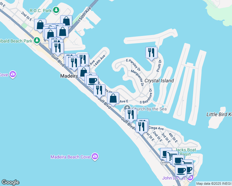 map of restaurants, bars, coffee shops, grocery stores, and more near 14091 North Bayshore Drive in Madeira Beach