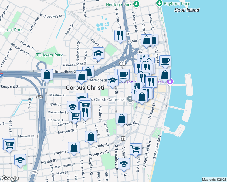 map of restaurants, bars, coffee shops, grocery stores, and more near 822 Leopard Street in Corpus Christi