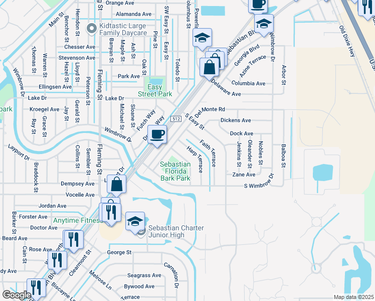 map of restaurants, bars, coffee shops, grocery stores, and more near 349 Harp Terrace in Sebastian